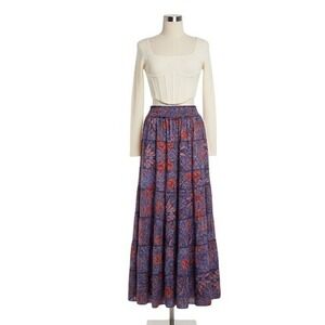 Paisley Maxi‎ Skirt Smocked Waist Boho Festival Blue Red Summer Med